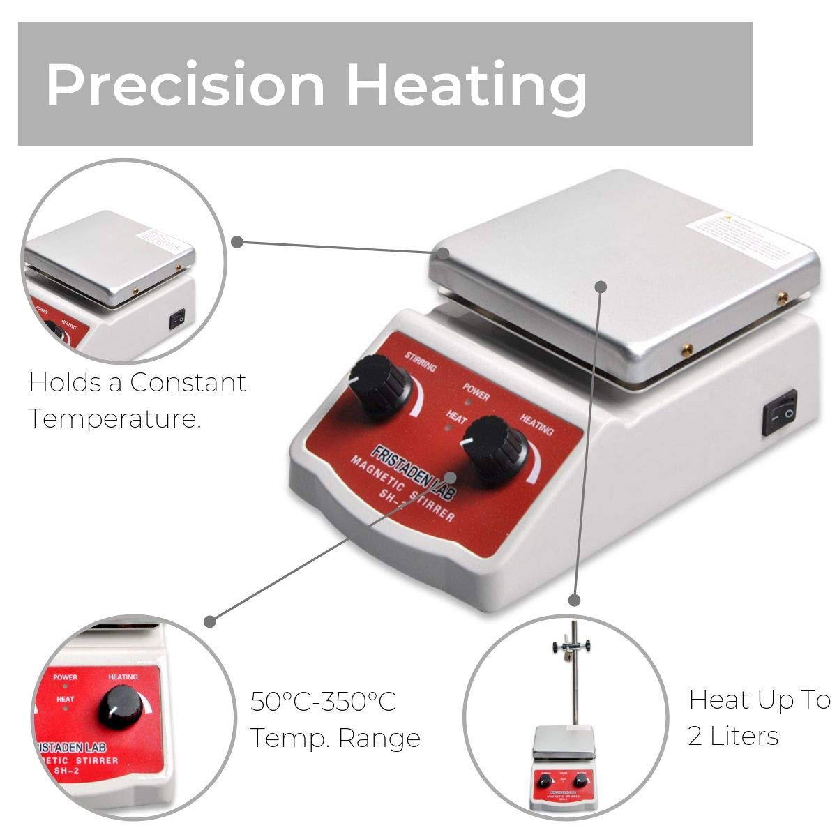 Fristaden Lab SH-2 Analog Hot Plate Magnetic Stirrer, 2L, 100-1600rmp, 350°C - Fristaden Lab