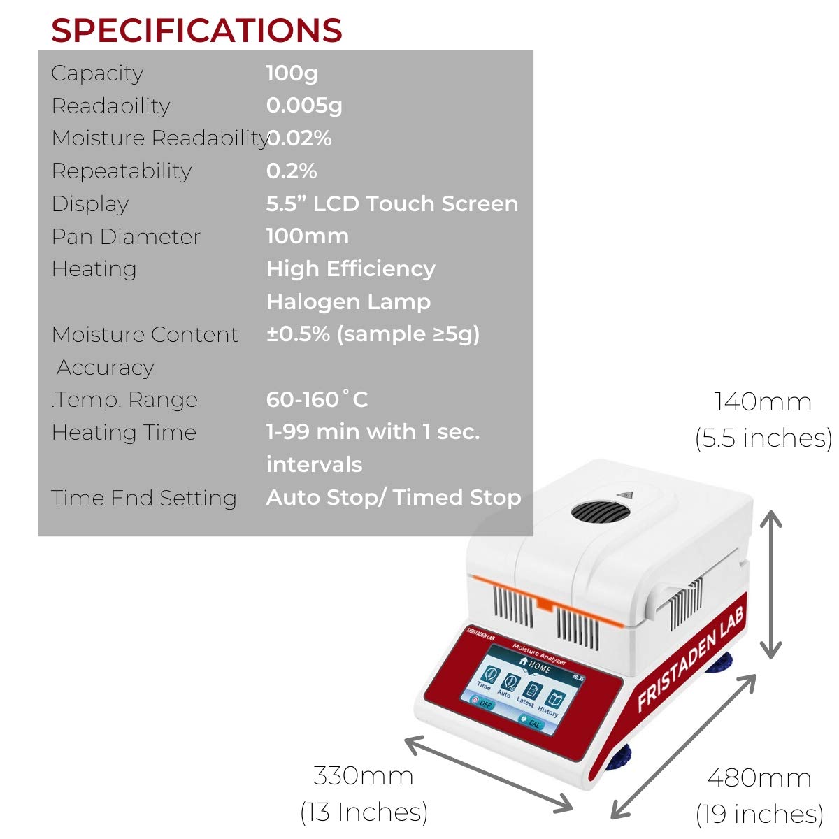 Halogen Moisture Analyzer | 0.005g Accuracy | 100g Capacity | 0.02% Moisture Readability - Fristaden Lab