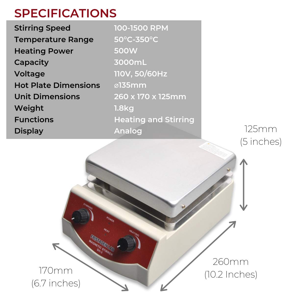 Fristaden Lab SH-3 Analog Hot Plate Magnetic Stirrer, 3L, 100-1600 rpm, 350°C - Fristaden Lab